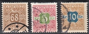 FRIMÆRKER DANMARK | 1907 - AFA 7,9,10 - 68 øre, 5 Kr, 10 Kr. Avisporto - Stemplet